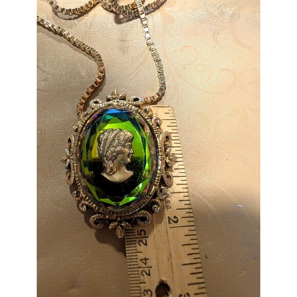 Vintage Watermelon Glass Cameo Pendant Necklace with 26” Chain - Picture 4 of 4